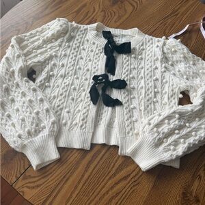 Alice + Olivia Cream Knit Pom-Pom Cardigan with Black Ribbon Ties
